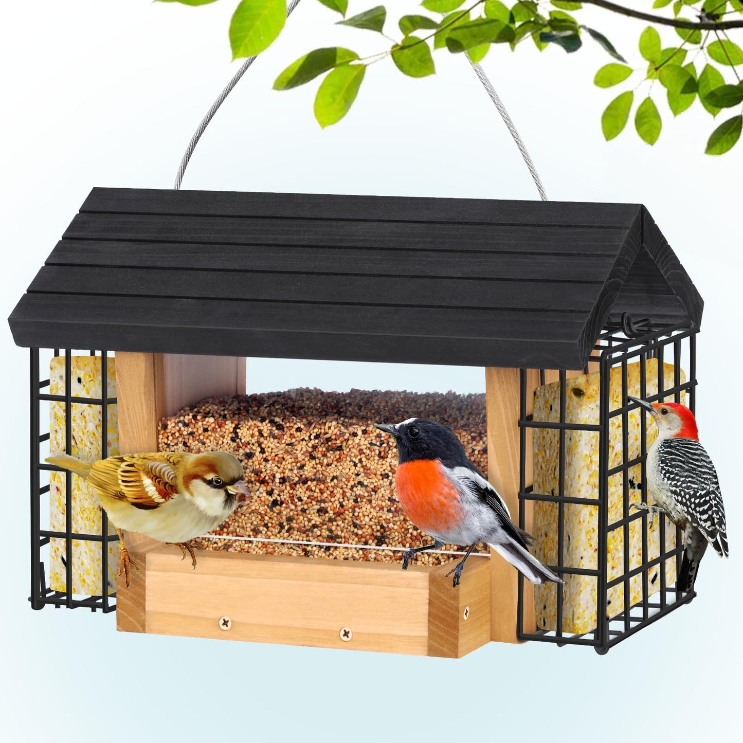 Gbekery Hopper Bird Feeder for Outdoors Hanging, Wooden Bird Feeder with Double Suet Cage and Large Seed Capacity, Cedar Wood Suet Feeder with Weatherproof Roof, Garden Decoration