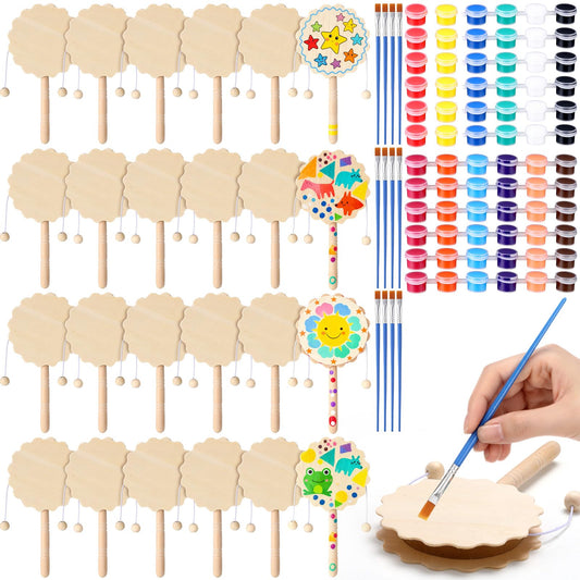 Arrowbash 24 Pcs DIY Rattle Set, Unfinished Blank Wooden Rattle, 6.3 x 3.35 Inch Hand Drum Craft Kit Suitable for Art Painting Education, Social Emotional and Sensitivity