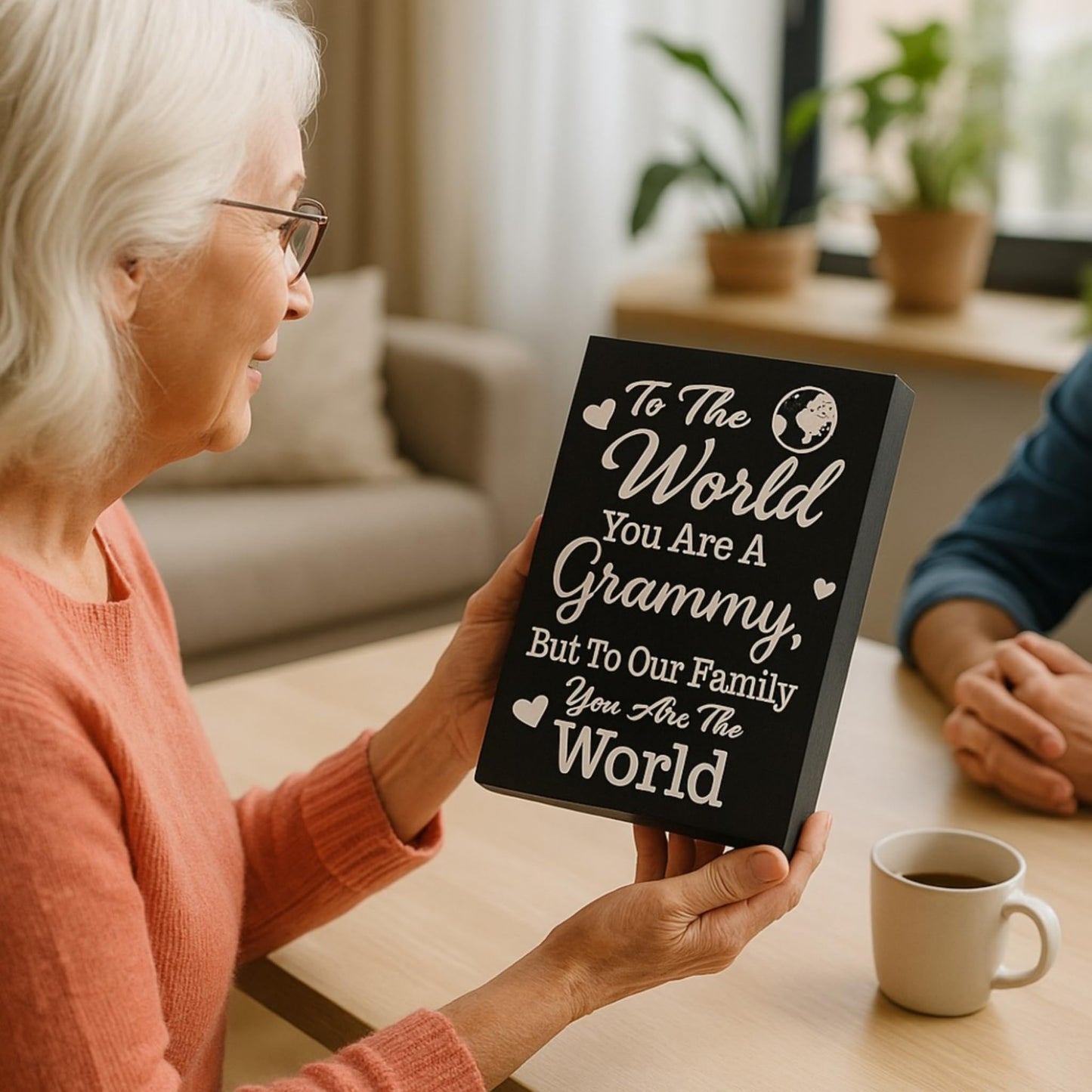 JennyGems Grammy Gifts – “To The World You Are A Grammy But To Family You Are World” Wooden Sign – Sentimental Shelf or Wall Decor – American Made Gift