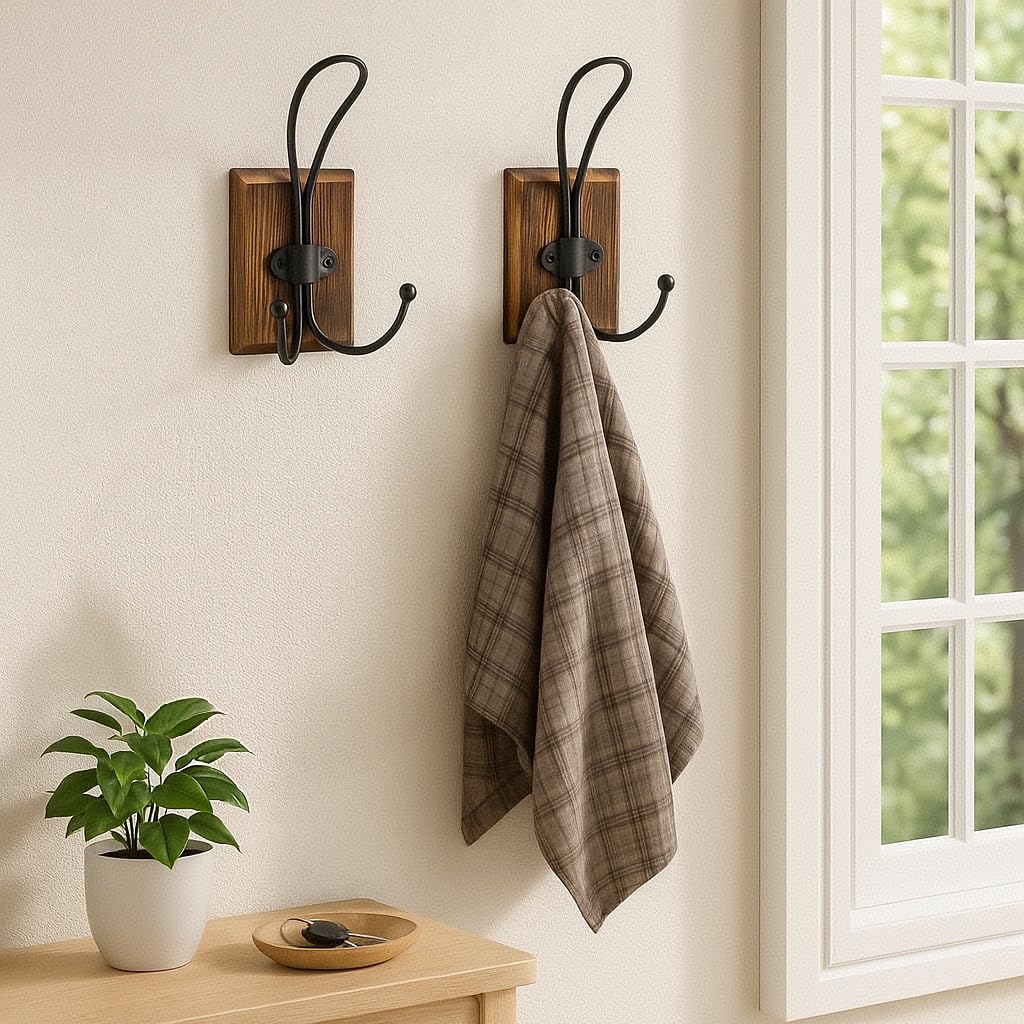 Rzoklot 2-Pack Rustic Wood Wall Hooks - Wall Mounted or Adhesive Coat Rack for Bathroom Towels Robes - Farmhouse Modern Decorative Entryway Hangers for Hats Keys Purses Bags, Brown