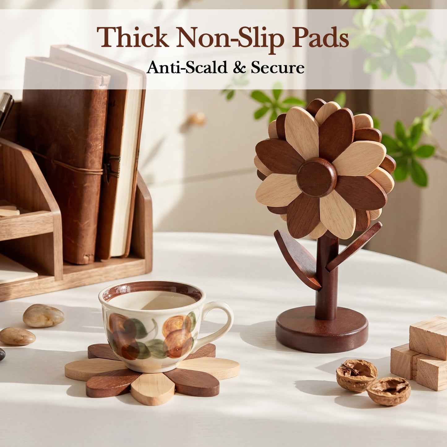 Threehoney Wooden Flower Coaster Set Wooden Trivets for Hot Dishes Tree Shape Trivet Set 4 Wood and 1 Stand Stored Beech Color Blocked Design(Walnut Wood Color)