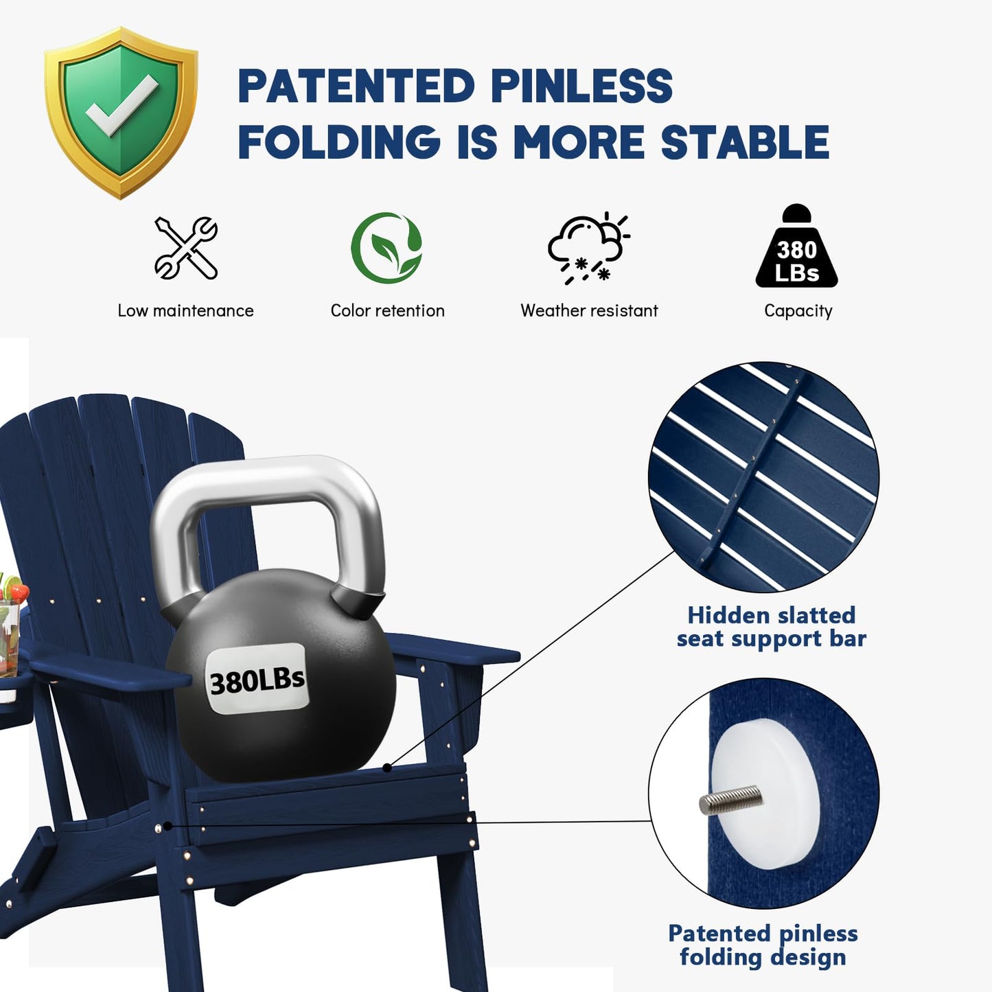 Plawdlik Folding Adirondack Chair, SGS Tested, Wooden Textured with Cup Holder, Heavy All-Weather HDPE Comfortable Set Poolside Backyard Lawn Navy Blue