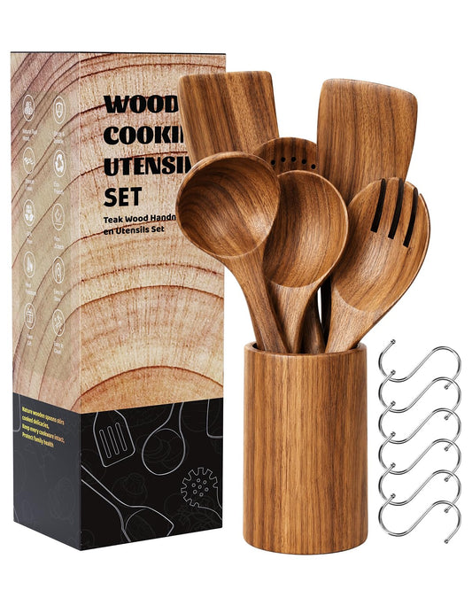 Noarsen 7 PCS Natural Solid Teak Wooden Kitchen Utensil Set with Holder