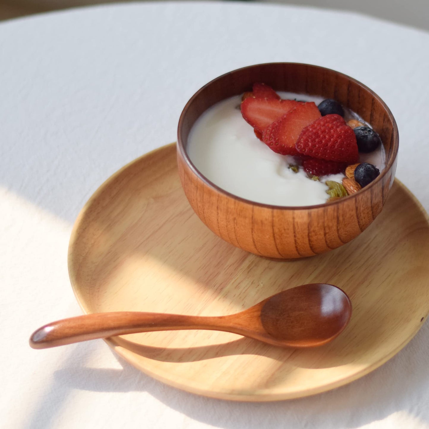 Kanhaom Small Wooden Bowls and Spoons, 10oz. Portion Control Bowls for Snack, Dessert, Japanese Serving Bowls for Rice, Soup, Solid Wood Bowls for Decor (4 Bowls - 4.1IN)