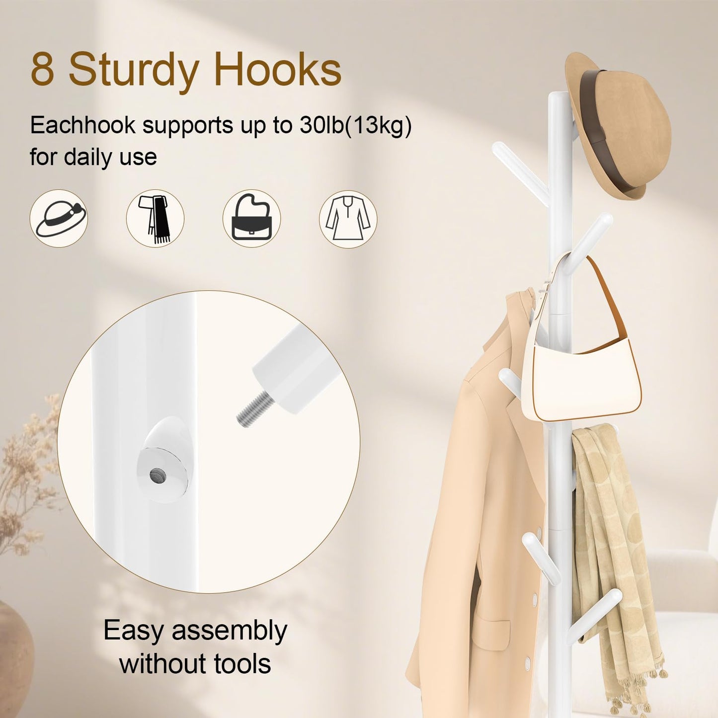YheenLf Coat Rack Freestanding with Stable Square Base for Cloathes, Hat, Used in Bedroom, Office and Entryway, Sturdy and Easy Assembly Coat Tree with 3 Adjustable Sizes and 8 Hooks, White