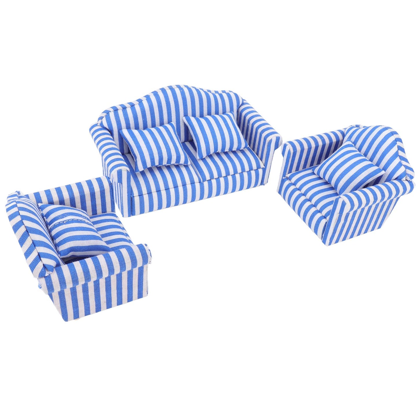 Miniature Dollhouse Sofa Set,3Pcs Pine Cloth Light Color Strip Blue 1:12 Scale Dollhouse Furniture for Collectors and Miniature Enthusiasts