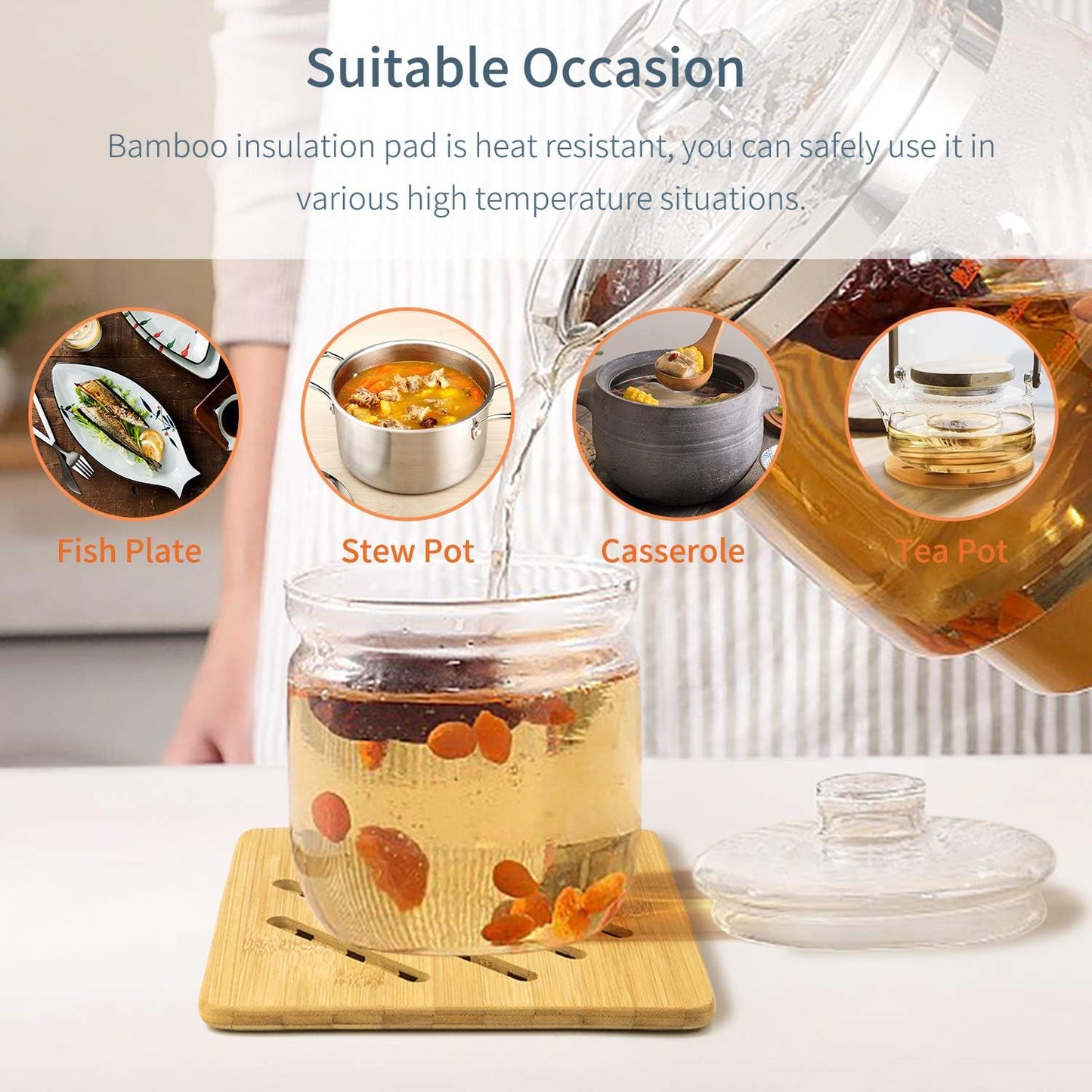 Alfto Hot Pads Trivet,Table Solid Bamboo Wood Trivets for Hot Dishes and Pot with Non-Slip Pads Heat Resistant Pads Teapot Trivet 4pcs(Multi Size,2 Square 2 Round)