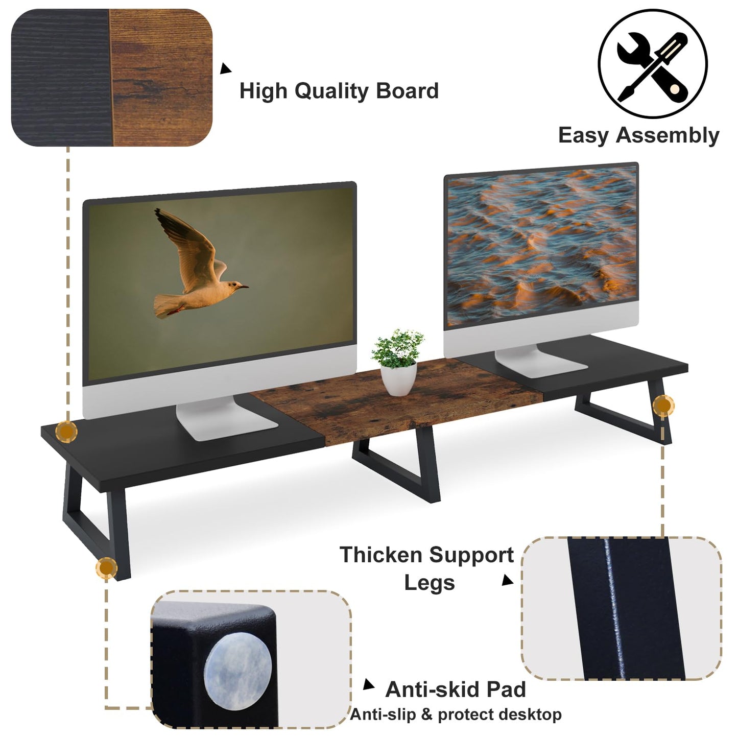 TEAMIX 42 inch Large Dual Monitor Riser, Extra Long Monitor Stand Riser for 2 Monitors, Wood & Steel Desktop Riser Desk Organization Home Office (Black+Brown, 42 inch)