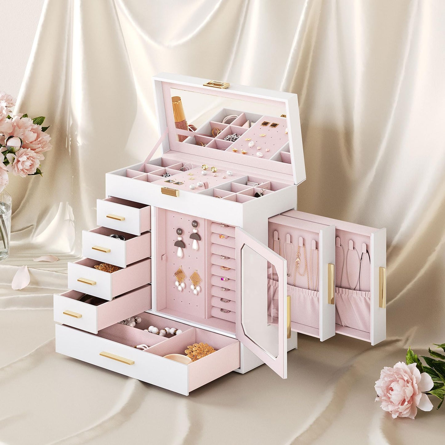 HOOBRO Jewelry Box with Mirror, Jewelry Organizer Box with Capacious Storage Space and 360° Rotating Jewelry Box, Wooden Jewelry Organizer Bundle, WT06JB04G1-BH30JB04