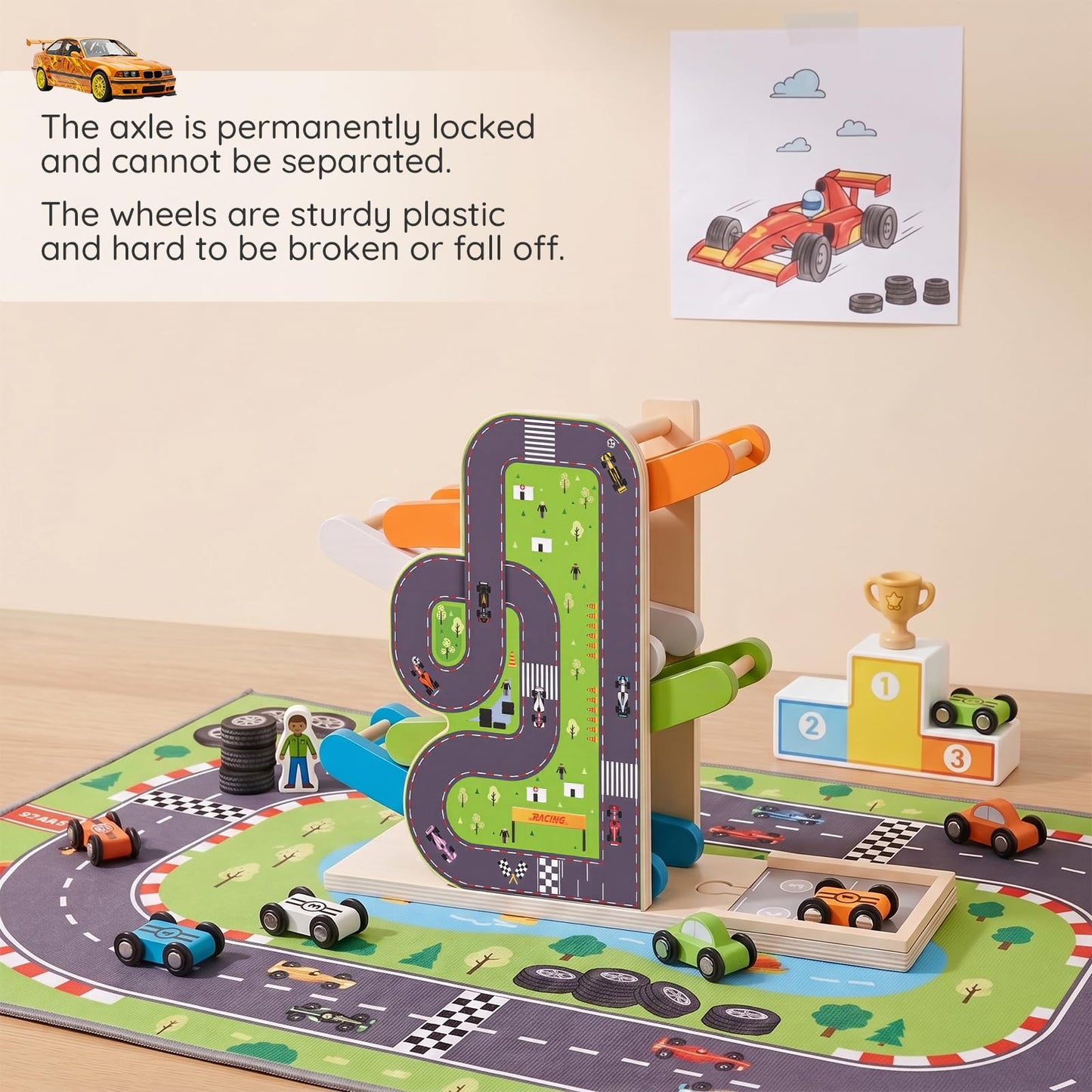 Busy edition Car Ramp Toys for 1 Year Old Boy Gifts, Montessori Toys for 1 Year Old, Wooden Race Car Track for Toddlers 1-3, Toy Cars Ramp with 4 Mini Cars & Parking Lots, 1st Birthday Gifts Boy