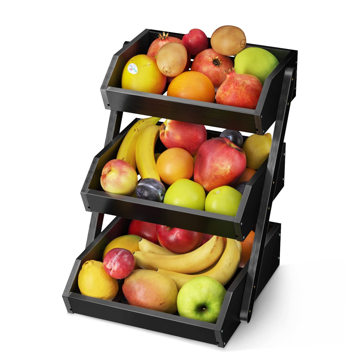 G.a HOMEFAVOR Large Bamboo Fruit Basket, 3 Tier Fruit Bowl for Kitchen Counter, Fruit Holder for Kitchen Countertop, Snack Fruit Vegetable Storage Basket Stand (BLACK)