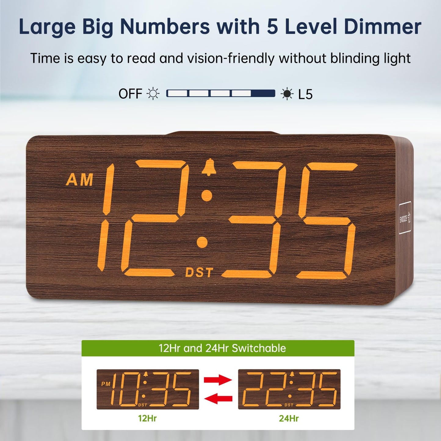 DreamSky Wooden Digital Alarm Clock with Wireless Charging for Bedroom
