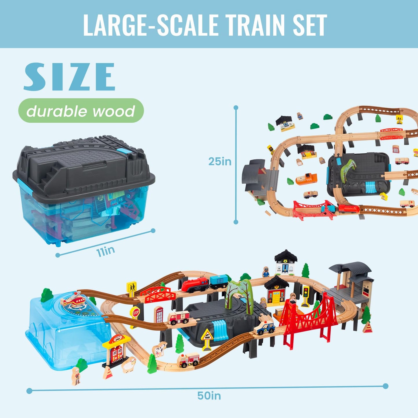 WoodenEdu 100Pcs Wooden Train Set for 3 Year Old Boys, Double-Side Train Set Tracks with Bridge Train Station & Storage Box, Fits Brio, Thomas, Melissa and Doug, Kids Gift Toys for Boy 3-7 (100pcs)