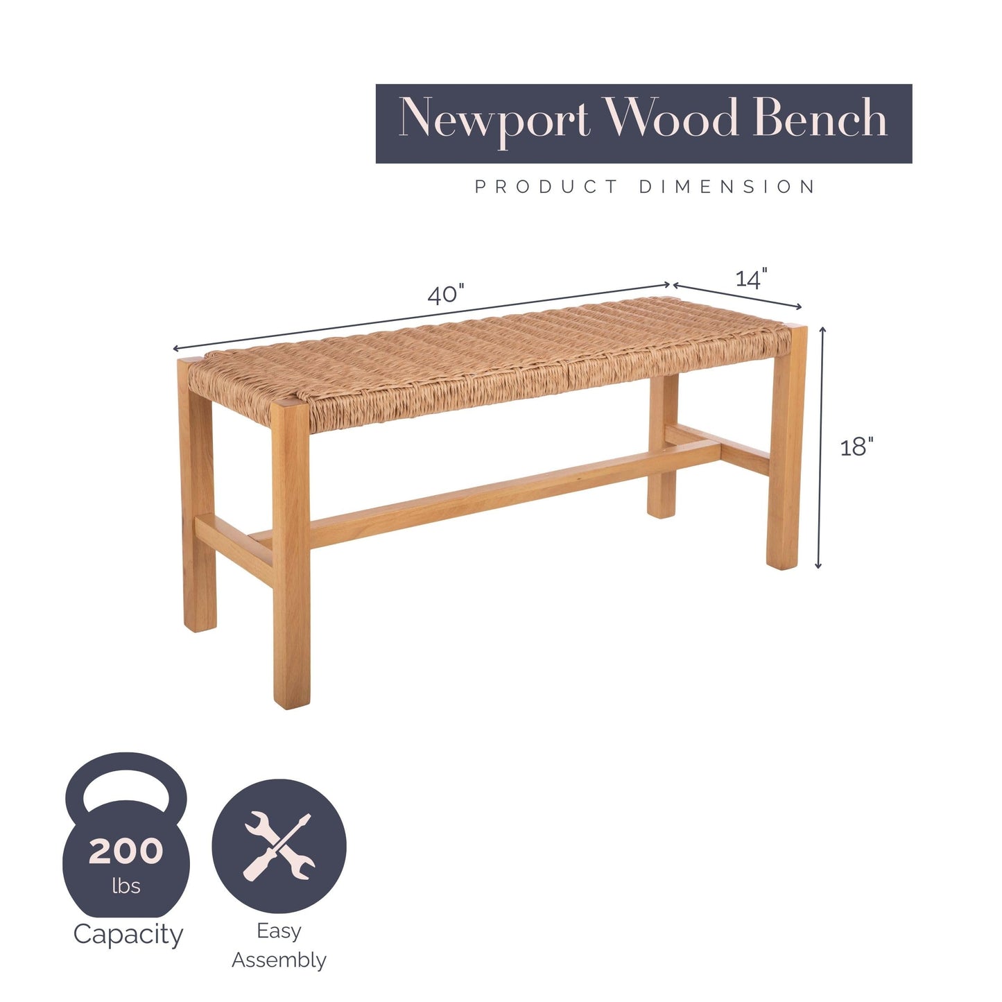 Alaterre Furniture Newport 40 Inch Solid Wood Entryway Bench - Modern Farmhouse Indoor Decorative Bench with Handcrafted Woven Rope Seat - Furniture for Entryway, Dining Room, or Kitchen (Natural)