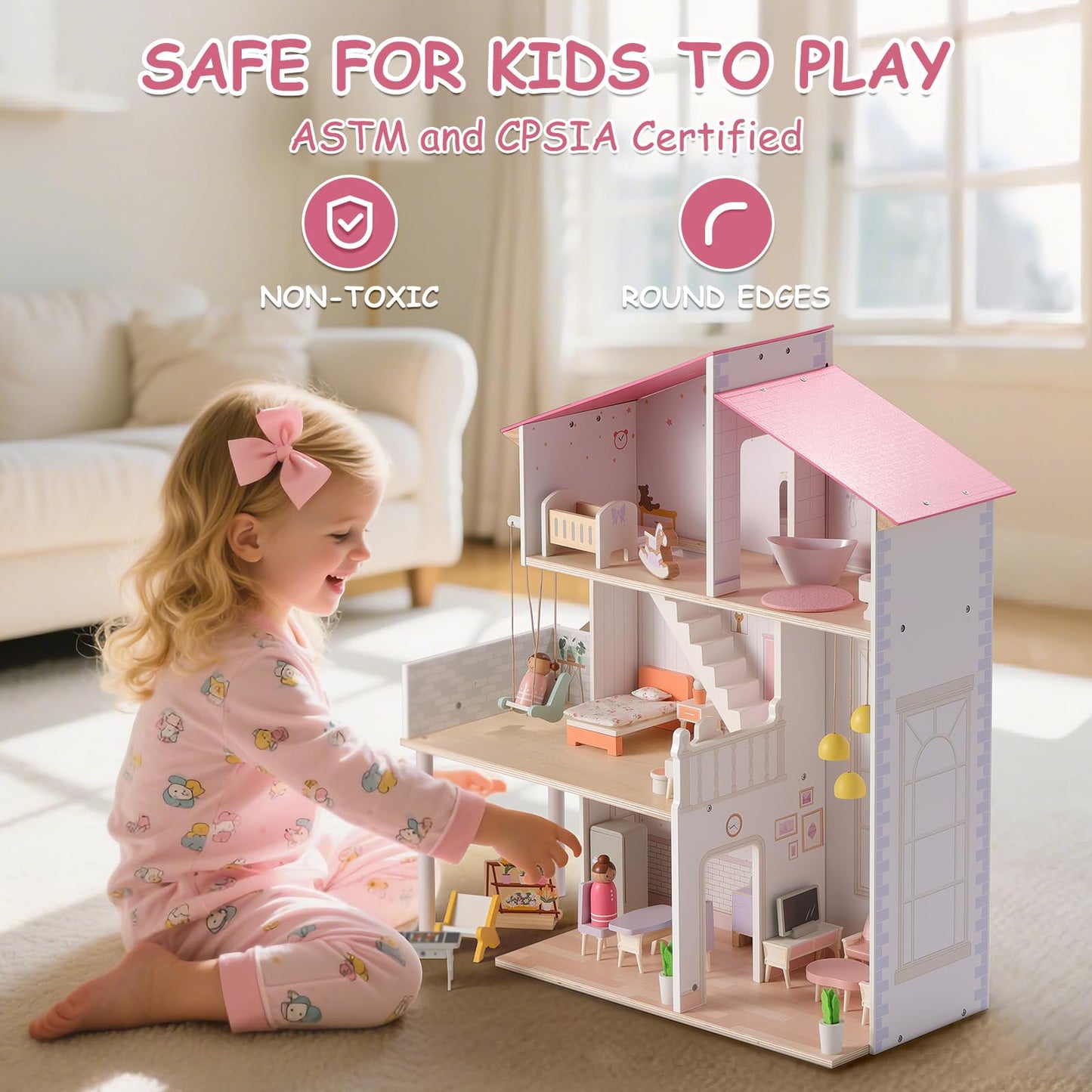 SainSmart Jr. Wooden Dollhouse for Girls, Modern Family Doll House with 37Pcs Furniture & Accessories, 3-Story Pretend Playhouse Toy Gift for Kids Ages 3+