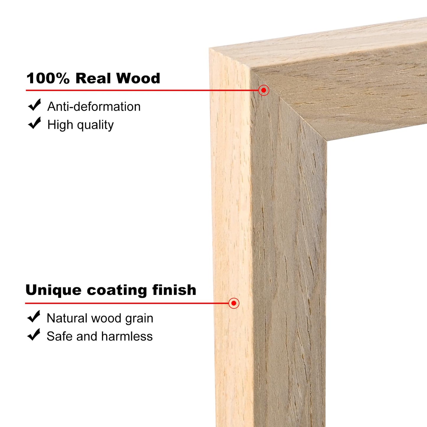 KINLINK 12x12 Picture Frames, 4 Pack Natural Solid Wood Square Frames for Art, 8x8 Matted or 12x12 Frame without Mat, Wall Display Photo Frame