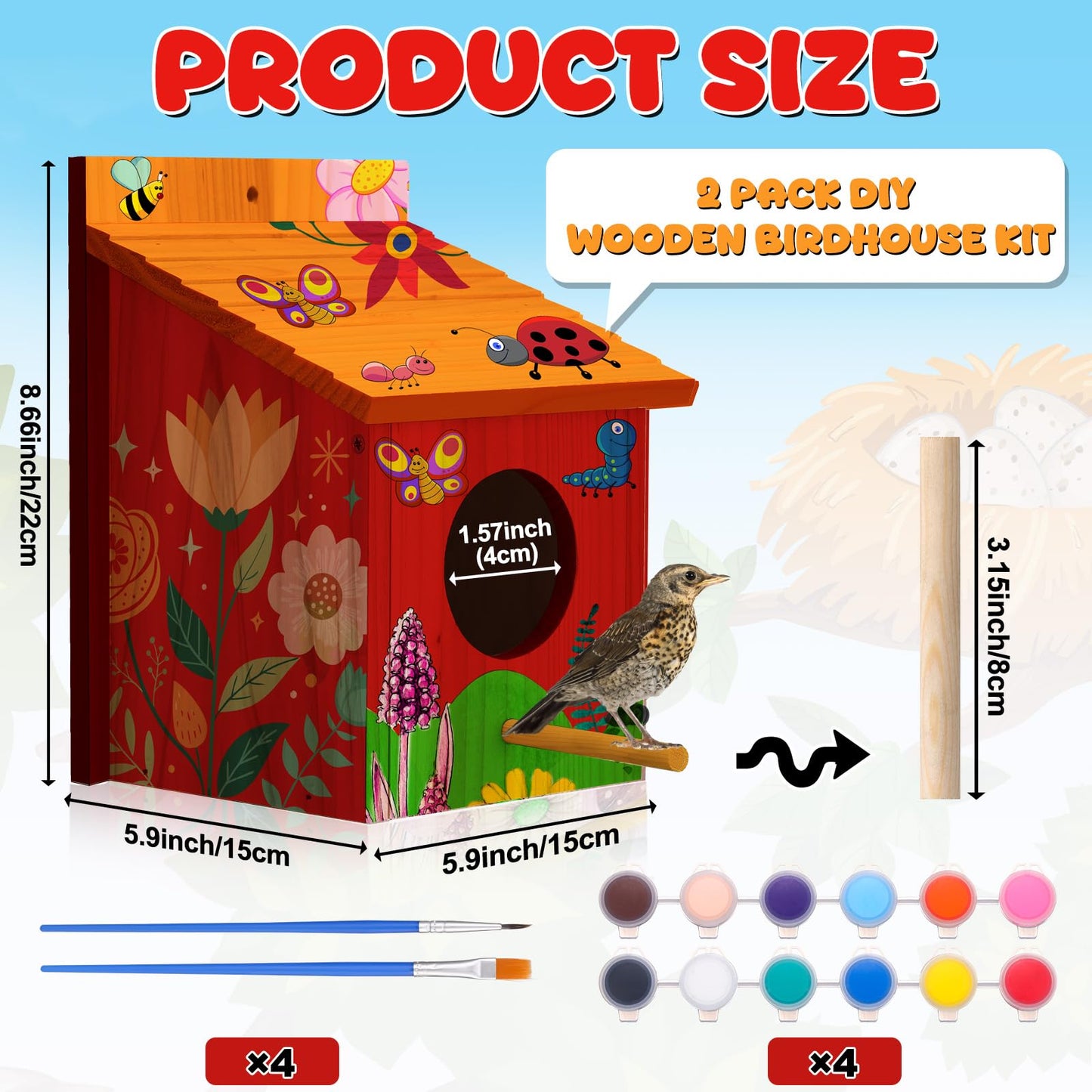Humyoun 2 Pack Large Wood Bird Houses with Painting Kits for Outside with Pole Wooden Bird House for Finch Bluebird Cardinals Hanging Birdhouse Clearance Garden Country Cottages