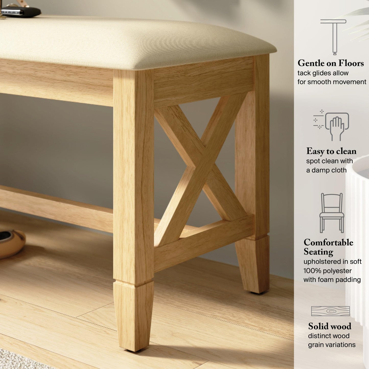 Bush Home 44-Inch Upholstered Dining Room Bench, Farmhouse Wooden X Design, Cushioned Seat for Kitchen Table or Entryway, No Table, Key West Collection, Blonde Oak and Bright Beige Fabric