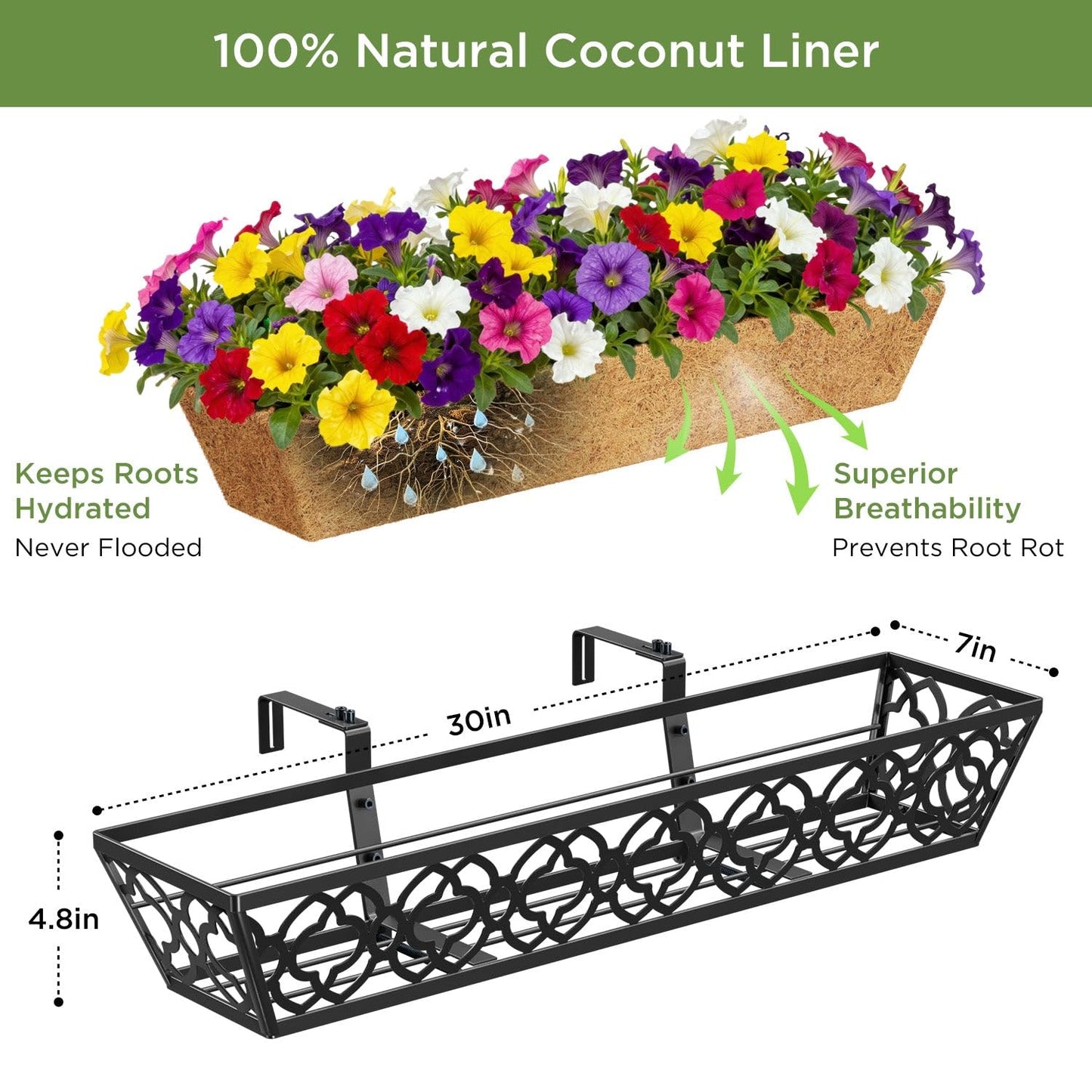 HFHOME 4 Pcs 30" Window Box Deck Railing Planter Box with Horse Trough Coco Liners, Black Metal Hanging Flower Planters Baskets for Indoor, Outdoor, Balcony, Porch, Fence, Patio, and Lawn