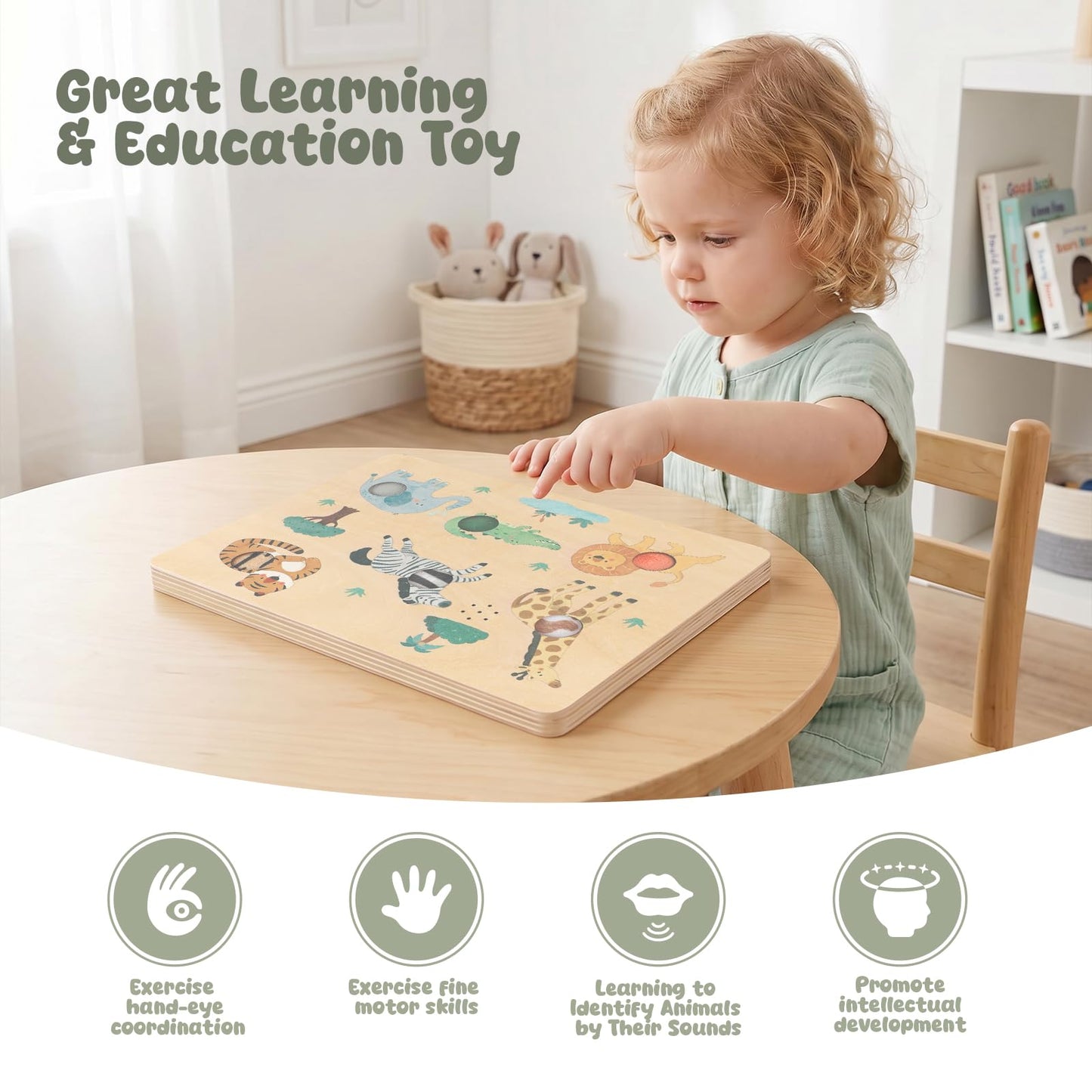Freniland Press-to-Play Wild Animal Sound Puzzle for Toddlers, Wooden Safari Sound Board with Push Buttons, Montessori Learning Toy for 18M+