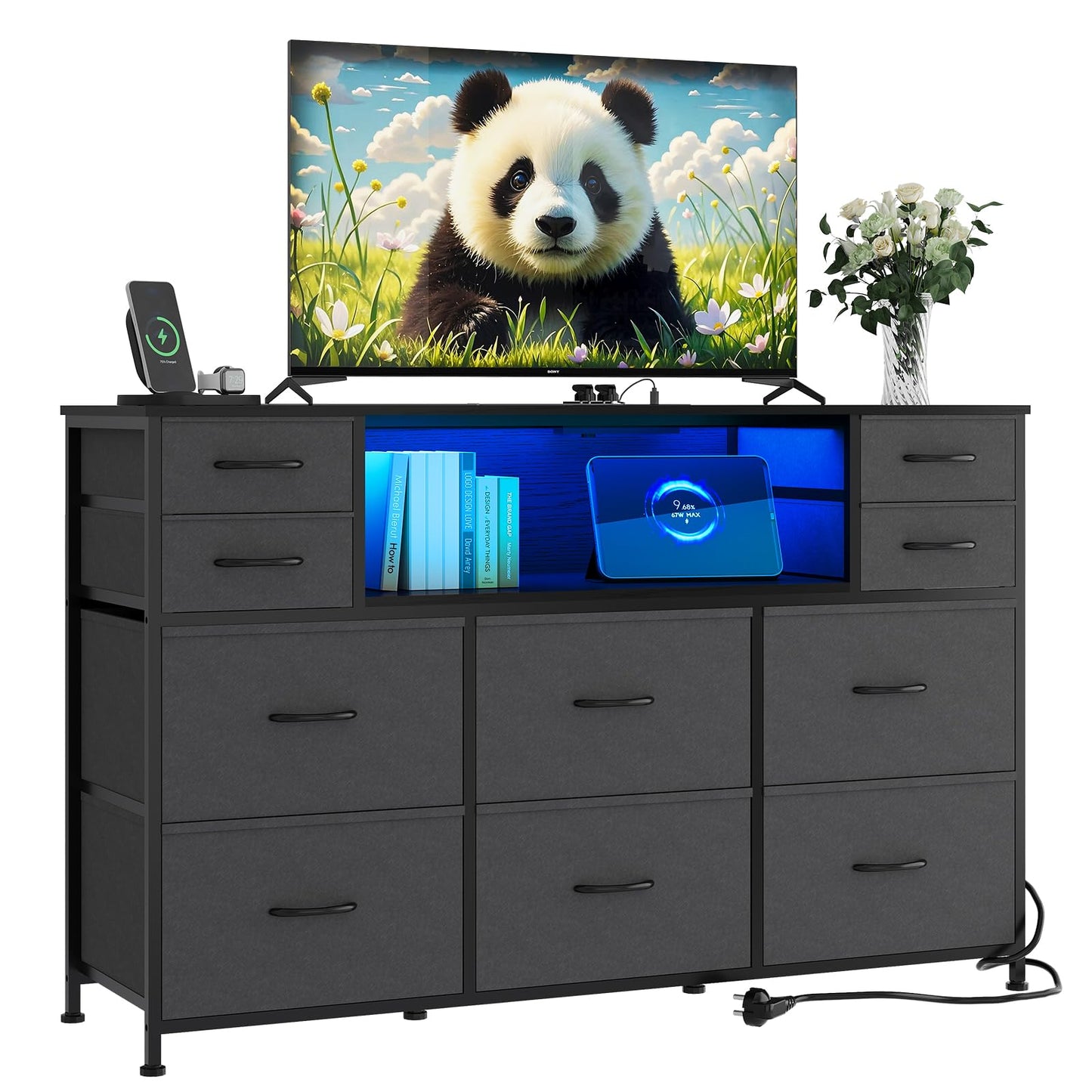 GarveeHome Dresser for Bedroom with 10 Fabric Drawers, TV Stand with LED Light & Charging Station for 45, 50, 55 Inch TV, Sturdy Long Chest of Drawers with Open Shelf & Wooden Top, Grey