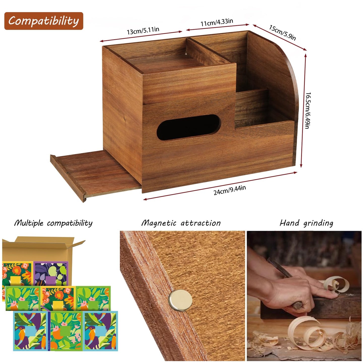BIBELUN Wood Tissue Box Cover Square with Tray and Remote Holder, Multifunctional Tissues Cube Box Organizer/Shelf/Rack, Napkin Storage Box for Bathroom, Vanity, Nightstand, Office, Home Decor