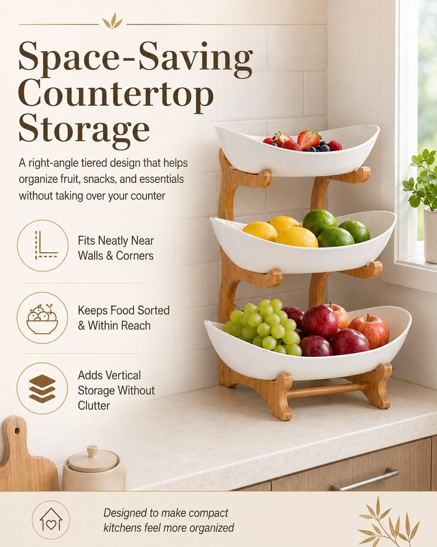 Tier Countertop Organizer, Fruit Bowl with Bamboo Wood Stand for Kitchen Counter, Snack Dessert Cake Tray Plate Rack for Party Wedding, Basket for Vegetable Storage, Salad Buffet Server(3 Tier White)