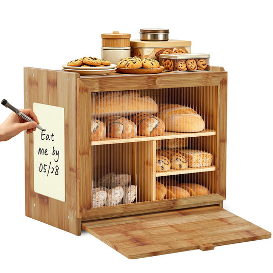 HOOMESUN Double Layer Bread Box for Kitchen Countertop, Large Bamboo Wooden Breadbox with Acrylic Window, Farmhouse Vintage Bread Storage Holder, 2 Tier Organizer for Pantry, Cabinet