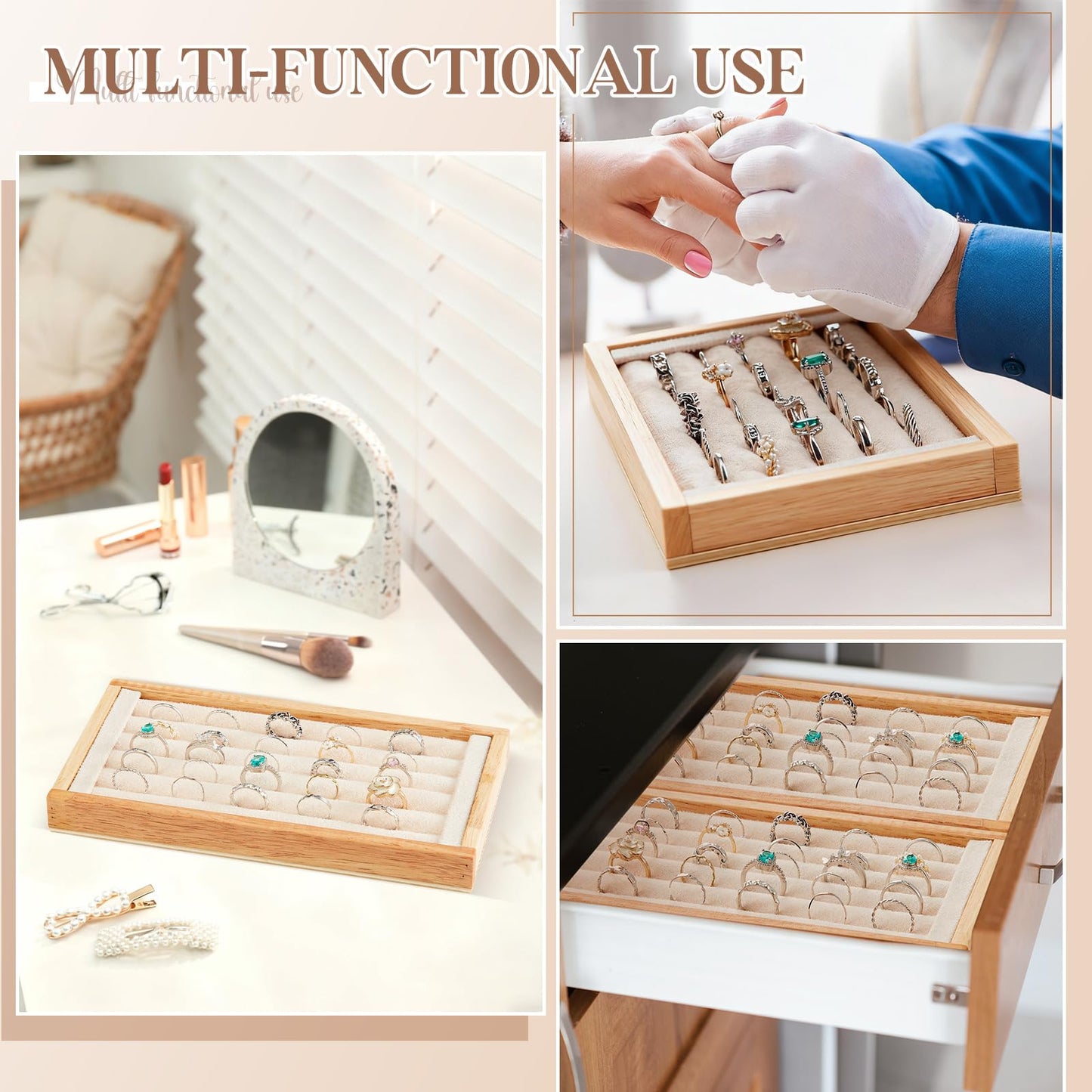 Novabright 2 Pcs Bamboo Ring Holder, 5 Slot Rings Display Tray Stand, Jewelry Rings Earrings Tray Storage Organizer for Selling Retail Exhibitions (Beige)