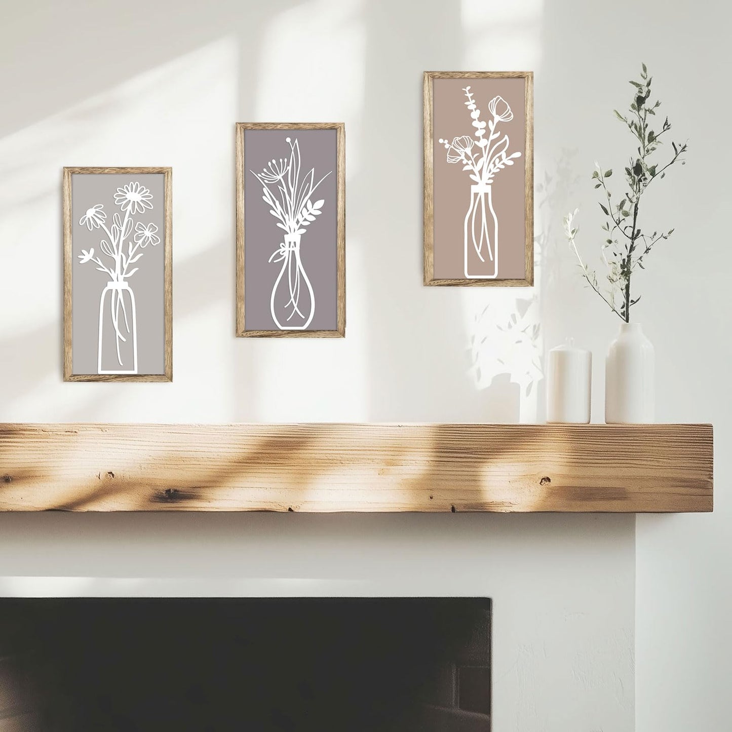 Pigort 3 Pieces Wooden Framed Floral Wall Arts - Farmhouse Flower Wall Art Natural Themed Home Wall Decors for Living Room Bedroom Dining Room Office 7.8x15.7 Inch (Retro)