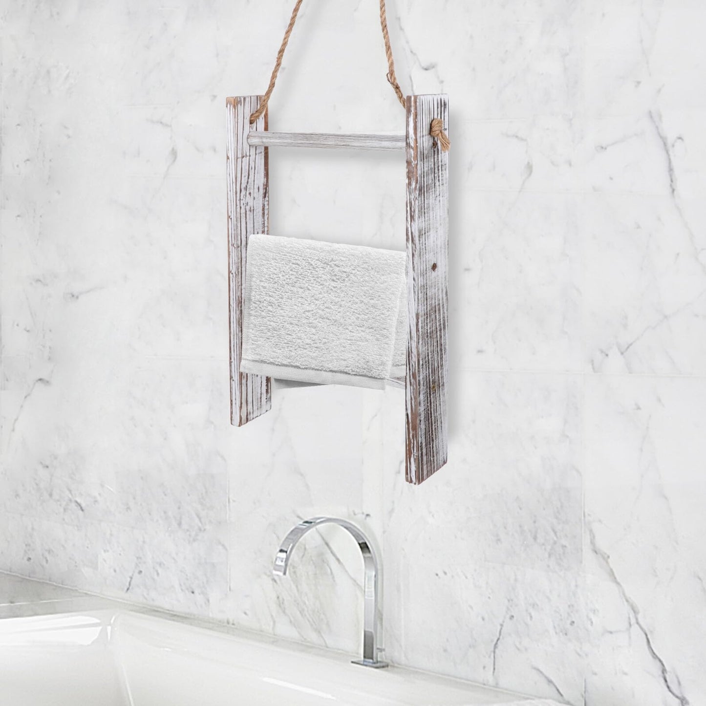 BESPORTBLE Rustic Wooden Towel Ladder Rack Bathroom Storage Rack with Rope Lightweight Timber Towel Holder Washcloths and Decorative Quilts Multipurpose Bathroom and Kitchen Organizer