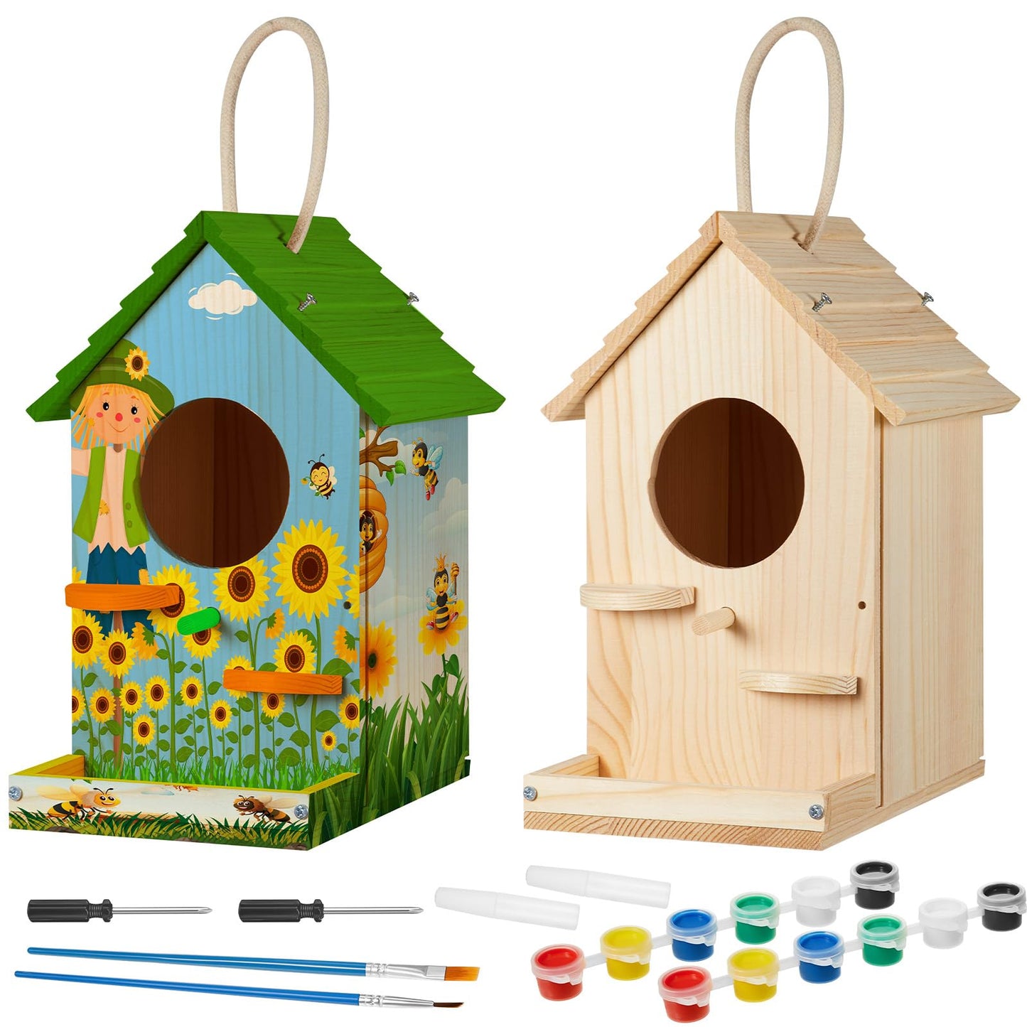 Liliful 2 Pack Wooden Birdhouse Kit for Kids and Adults, DIY Painting Set & Real Outdoor Birdhouse, Durable Craft for Garden, Classroom, Birthday Gifts Ages 3-5 4-8 8-12