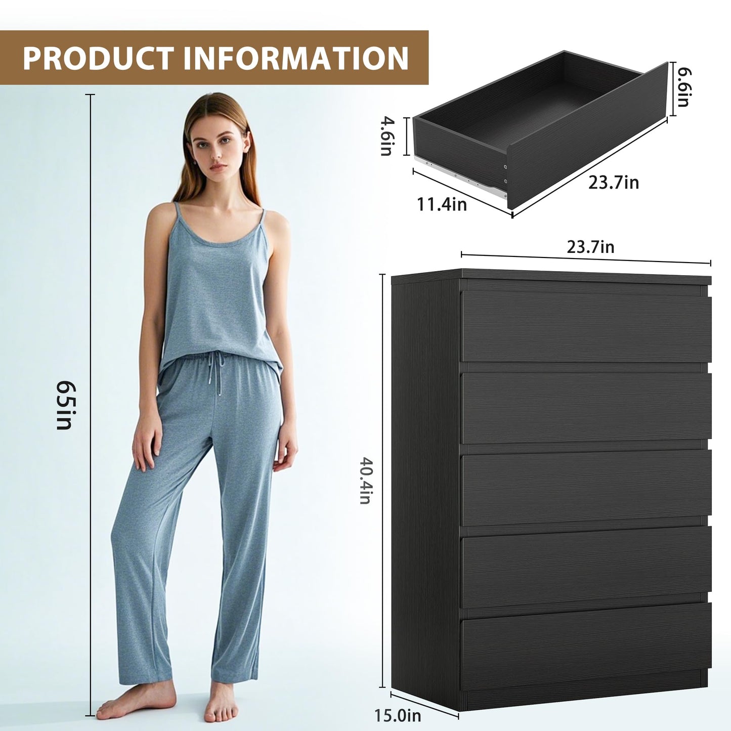 Jocoevol Black 5 Drawer Dresser for Bedroom, 15" D x 23.7" W x 40.4" H in Simply Chest of Drawers, Wood Storage Dresser with Drawers for Living Room Hallway Entryway, Black