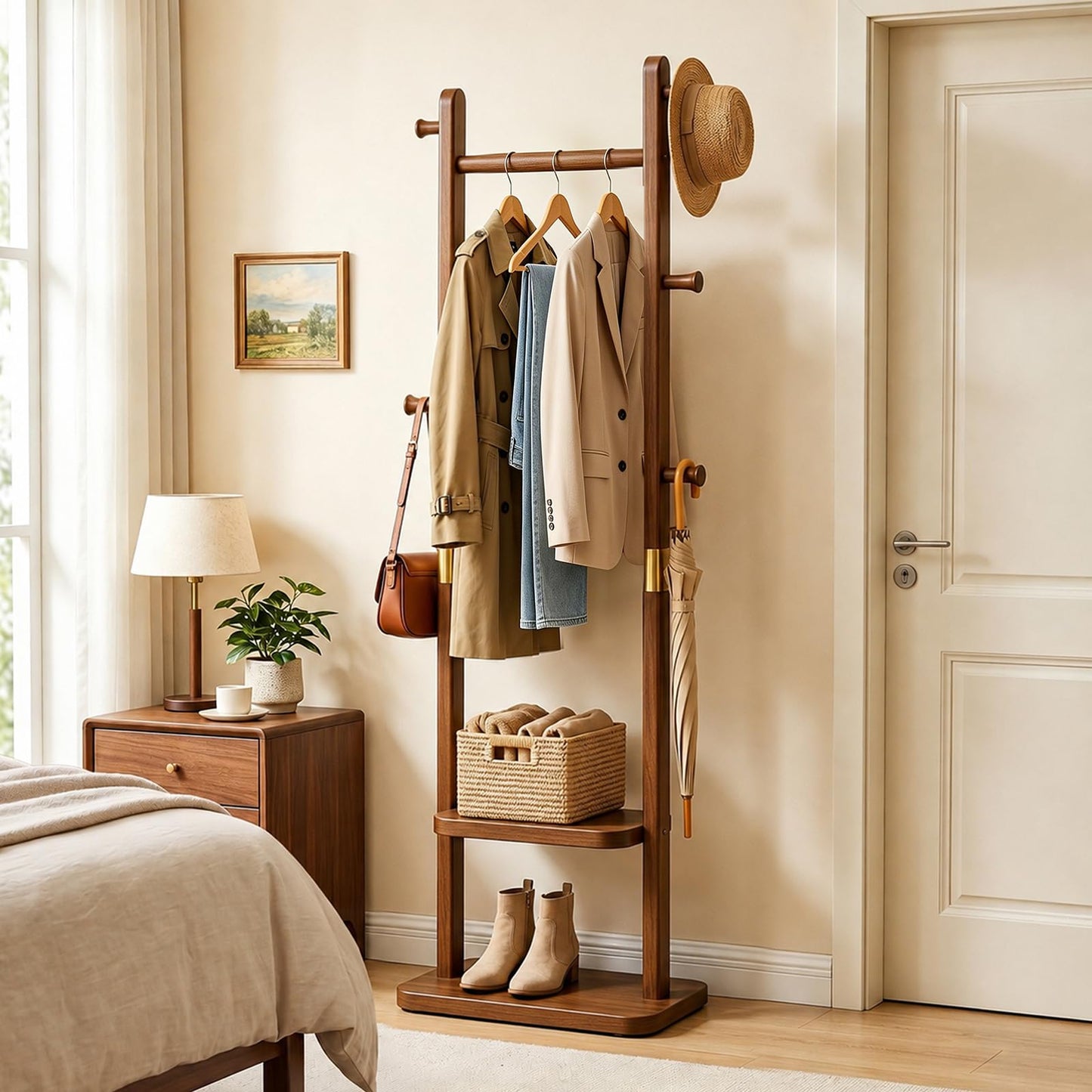 Taitiy Solid Wood Coat Rack, Freestanding Clothing Rack with 2 Shelves Storage & 5 Hooks, Heavy Duty Clothes Rack Stand for Hall, Bedroom, Living Room