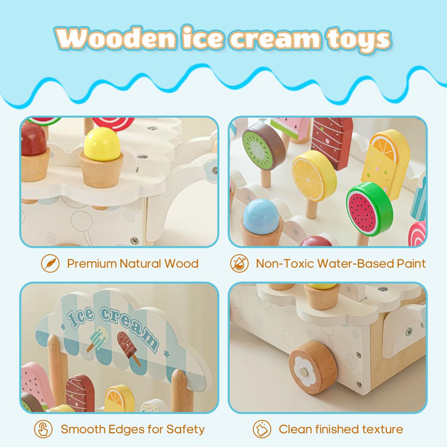 BROWNROOT Wooden Ice Cream Cart for Kids Pull Along Pretend Play Food Toys with Popsicles Ice Cream Cones ToyMontessori Role Play Toy Gift for Toddlers Girls Boys 3 4 5 Years Old