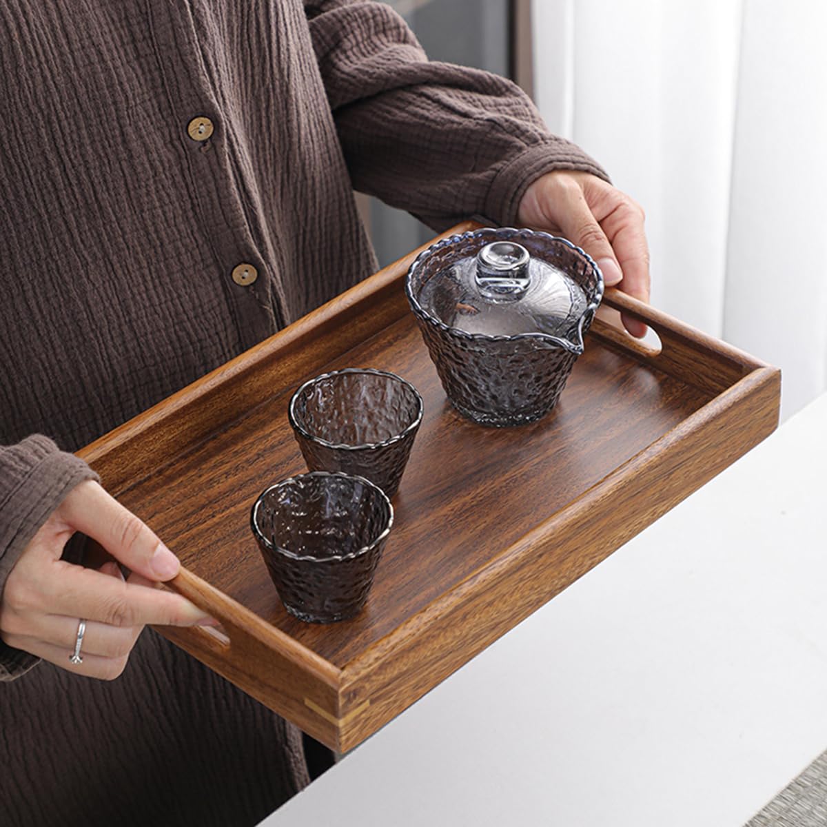Wooden Coffee Trays with Handles Wood Serving Tray Wooden Bed Tray, Coffee Table Trays for Living Room,Wood Kitchen Tray Wood Decorative Tray with Handles