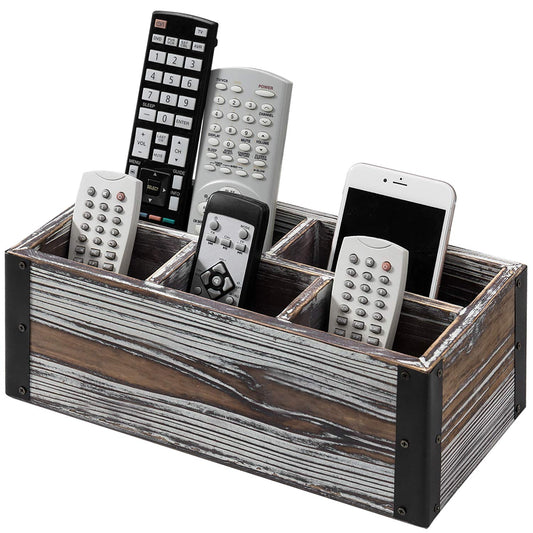 MyGift Remote Control Holder with 5-Compartment, Media Storage Organizer Remote Caddy with Black Metal Corner Wraps, for Table, Desk, Rustic Torched Wood