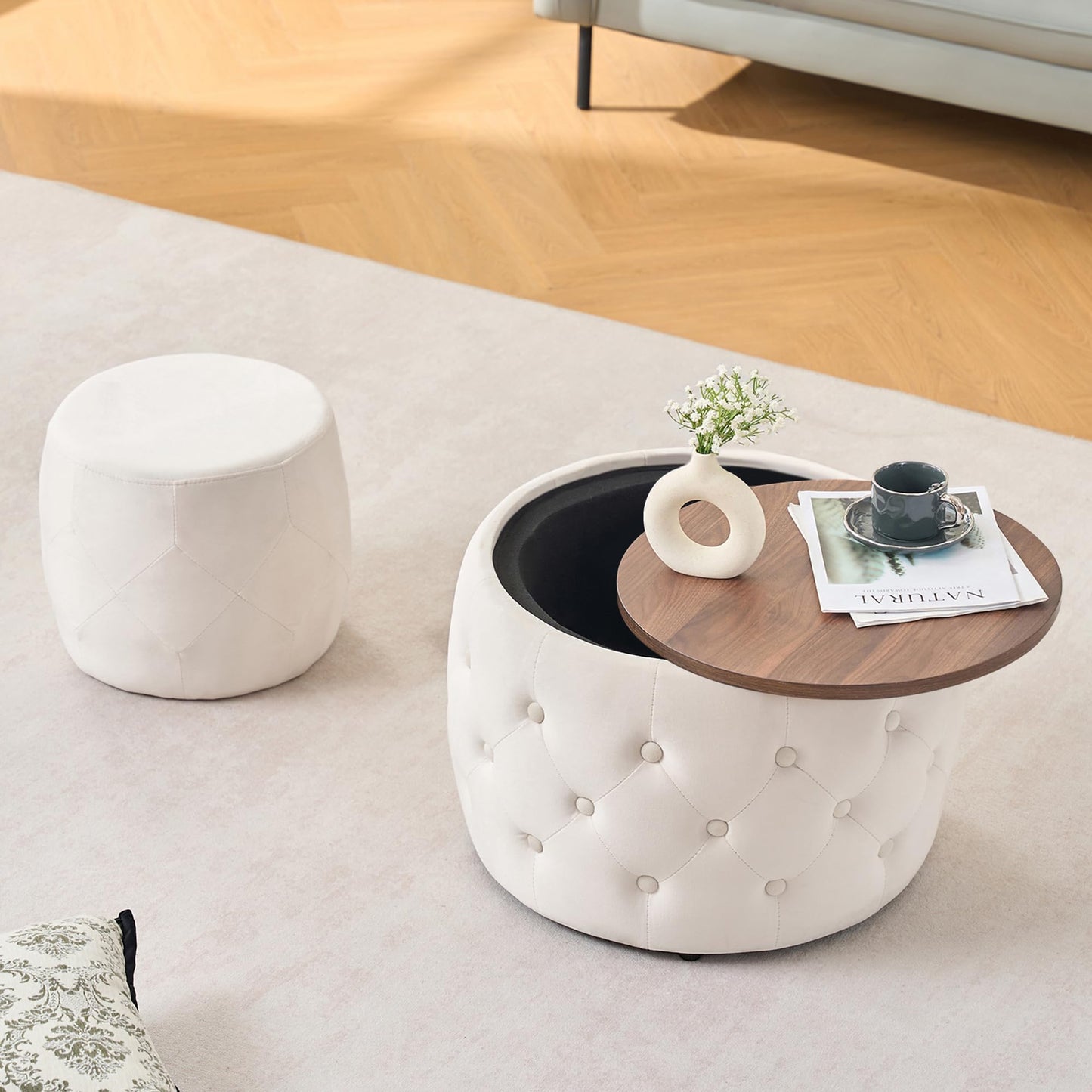 KEIKI Luxurious Velvet Nesting Ottomans of 2, 4-in-1 Round Storage Foot Stool with Removable Wood Tray, Multi-Functional Accent Tables Set, Beige
