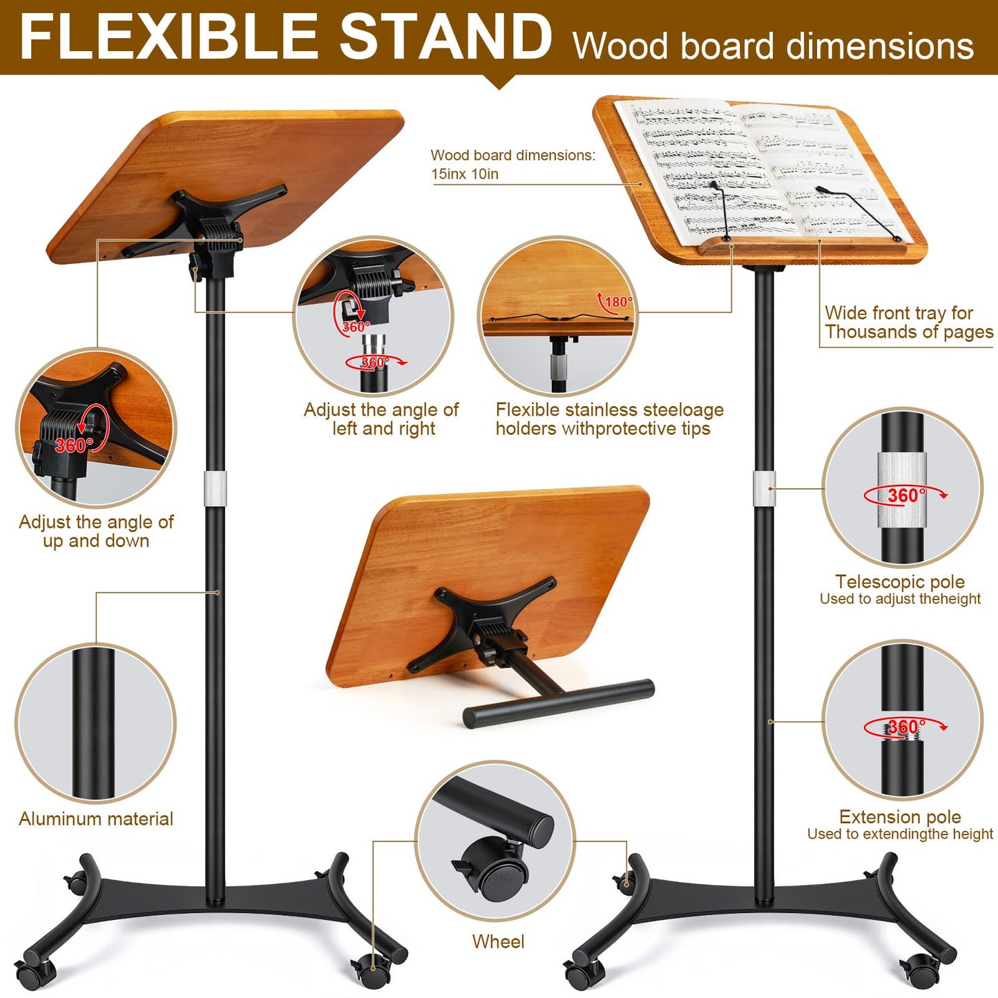 2 in 1 Dual-use Music Stand & Desktop Book Stand, Adjustable Height 16.5"-51", 100% Solid Wood Laptop Floor Stand Book Holder with Elastic Page Clips for Cookbooks (Brown-Wheeled)