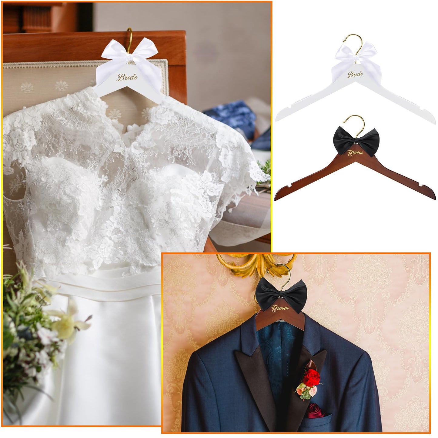Beeveer 3 Pcs Bride and Groom Hangers for Dress Suit with Clips Wedding Wooden Hanger with Bow Tie for Mr and Mrs Shirt Tuxedo Suit Bridal Wedding Gift Bridesmaid Party Shower