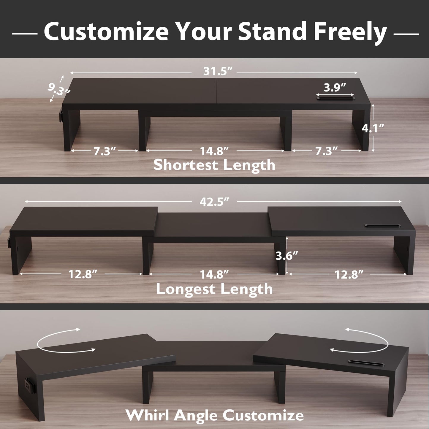 BONTEC Dual Monitor Stand Riser with Smartphone Holder, Adjustable Length & Swivel Angle, Ergonomic Wooden Desktop Organizer for PC Monitor, Laptop, Printer, Large Storage, Black