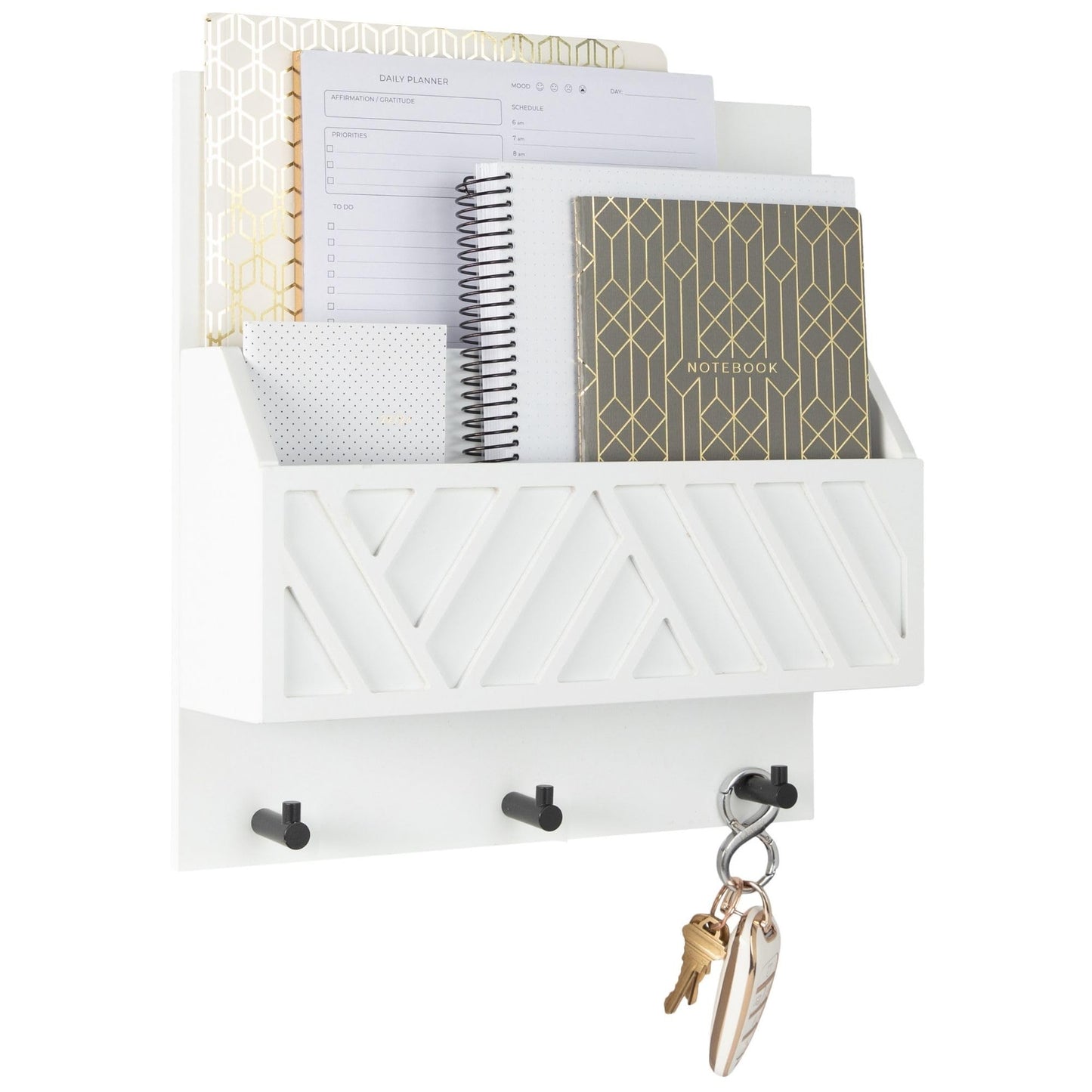 BLU MONACO | Wall Mount Key Holder with Mail Organizer | Wooden Command Center with 3 Hooks and 2-Tier Letter Pockets | Entryway Mail Sorter & Key Rack | White Geometric Wall Organizer for Office Home