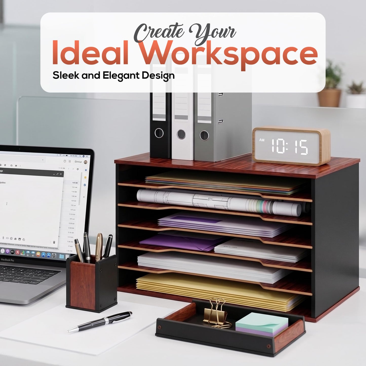 DL Davis lorence Wooden Paper Organizer 20.25"W x 12.25"H x 13.25"D, 6-Tier Storage for 12"x18" & 11"x17" Sheets, Includes Matching Pen Holder & Tray, Ideal for Office, Home, Art Room and Classroom