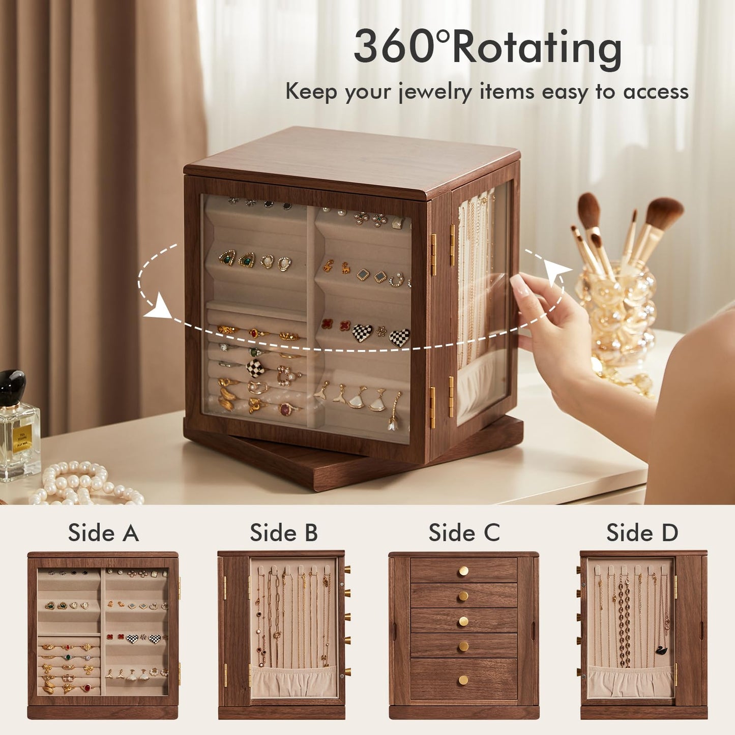 CHOSIN Black Walnut Wooden Jewelry Box, 360° Rotating Organizer with Glass Lid, 5 Drawers for Earrings, Rings, Necklaces – Vertical Jewelry Storage for Women, Ideal Gift for Her, Fathers Day Gift