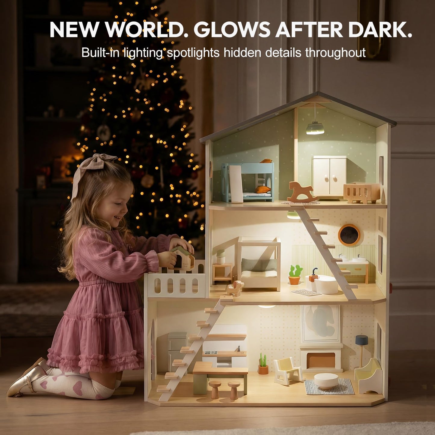 Giant bean Modern Wooden Dollhouse with Lights & 37PCS Furniture Set – Nordic Style 3-Story Playhouse for Kids Age 3+, Natural Wood Montessori Doll House with Realistic Rooms, Gift for Girls & Boys