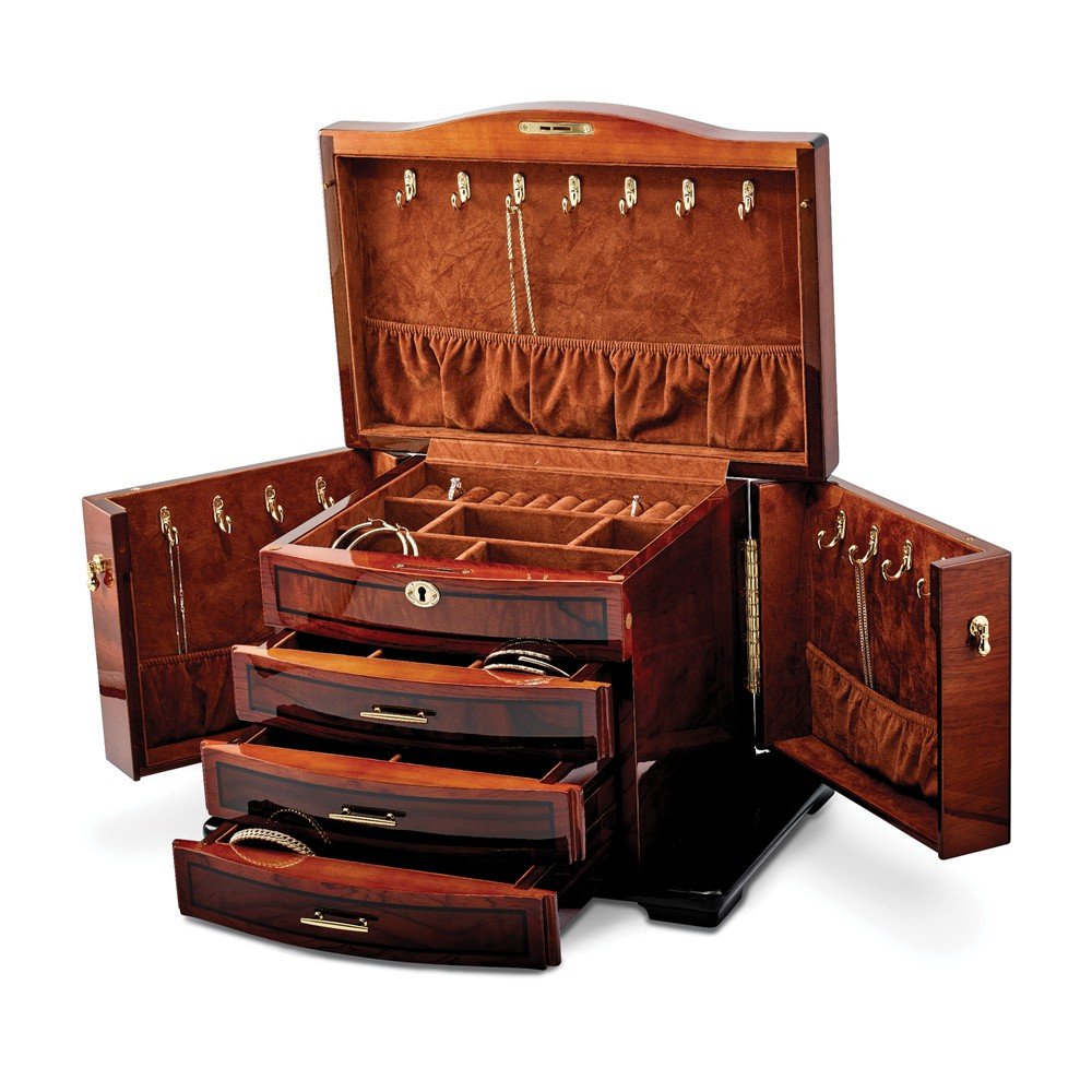 FB JEWELS Solid High Gloss Poplar Burlwood Inlay 3-Drawer Jewelry Chest