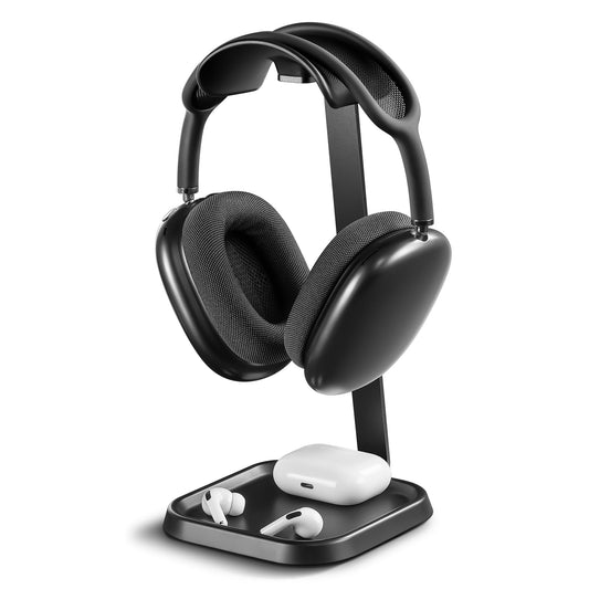 QinCoon Headphone Stand, Curved Headset Stand with Storage Tray, Gaming Headset Holder for AirPods Max, AirPods Max 2, AirPods, AirPods Pro, Beats, Bose, Sony and More (Black)