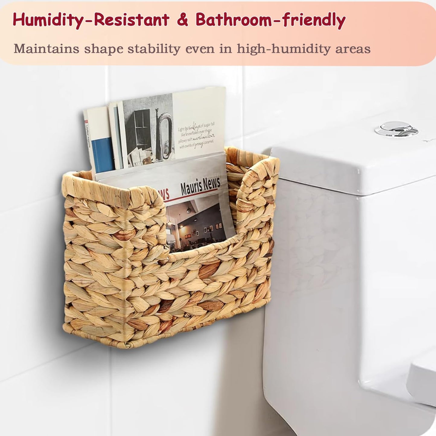 VANEME Hanging Magazine Basket, Woven Wall Magazine Holder Organizer with Handle for Mail, Files, Books - Water Hyacinth Farmhouse Storage Rack for Bathroom, Kitchen, Office