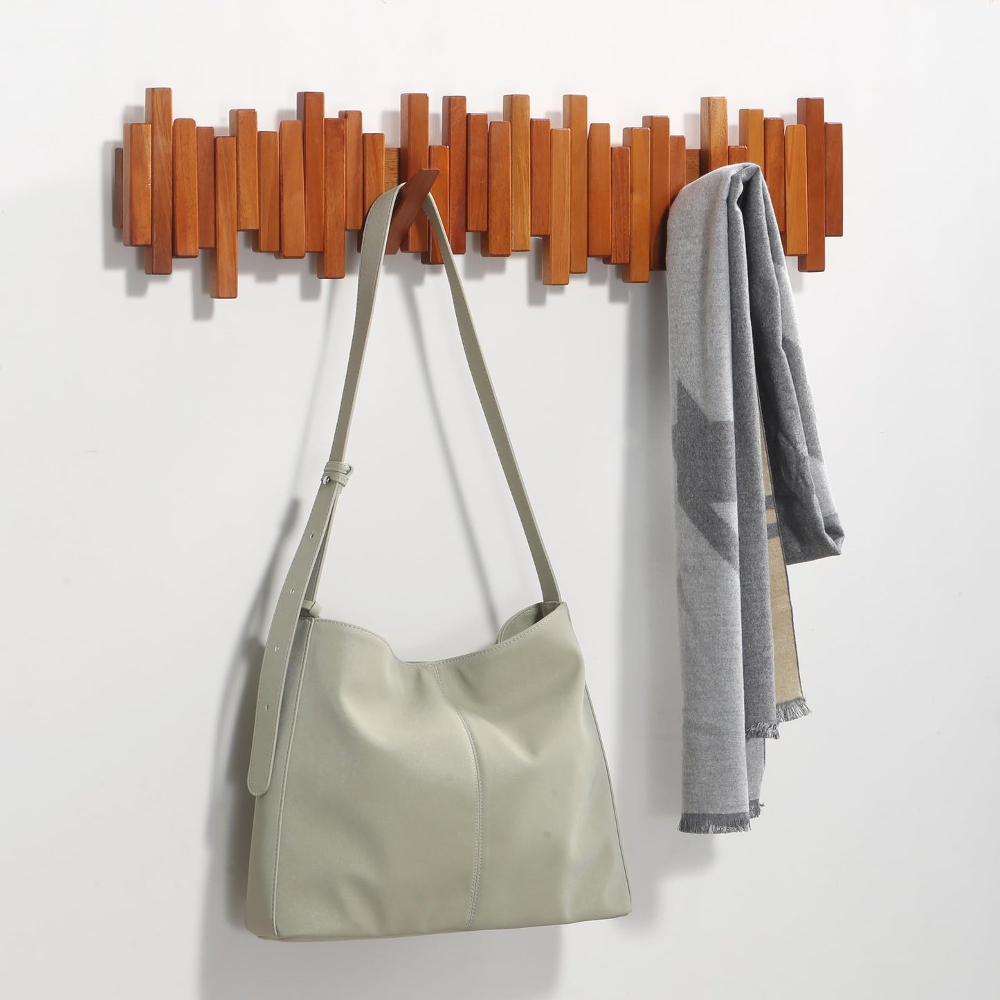 Acsigesn Wooden Coat Rack Wall Mounted Sticks Multi Rack Solid Handmade Natural Cherry Wood Artwork with 5 Flip-Down Unique Modern Hooks for Coats Bag Hat Umbrella