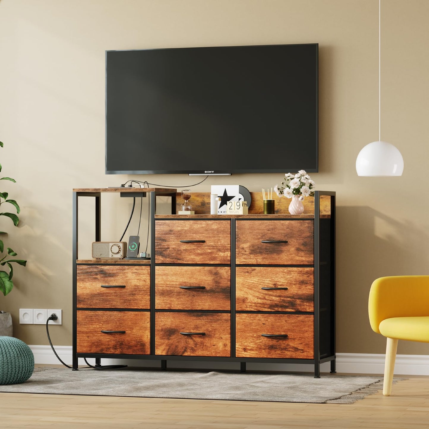 DUMOS TV Stand Dresser with 8 Fabric Drawers & Open Shelves, TV Stand with Wooden Top, Entertainment Center with Charging Station for Living Room, Hallway, Brown